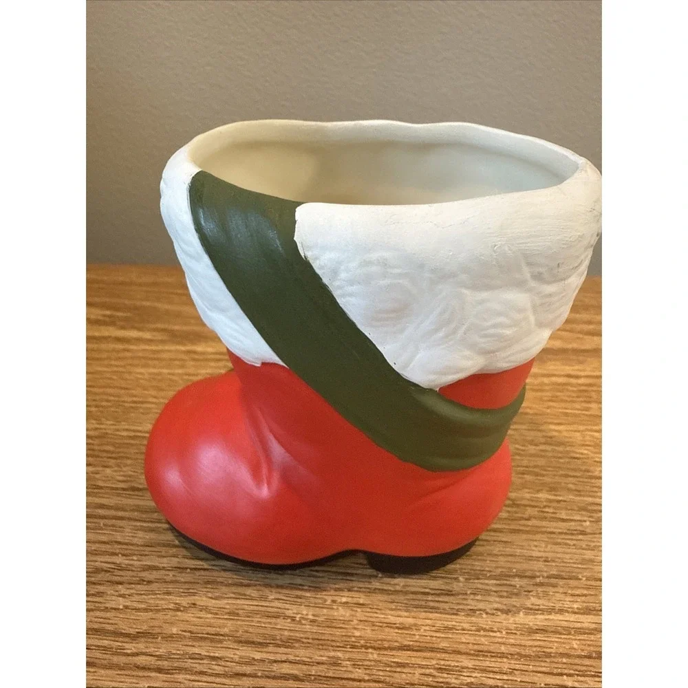 Vintage Hand Painted Ceramic Santa‎ Boot  Geen Bow With Holly And Bow Planter 5